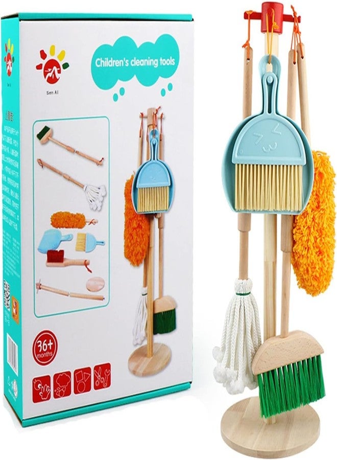 BLiSS HUES مجموعة ألعاب التنظيف للأطفال الصغار من بليس هيوز، تتضمن 5 قطع: مكنسة، فرشاة، جاروف، ممسحة، منفضة غبار، وحامل تعليق. - Image 1